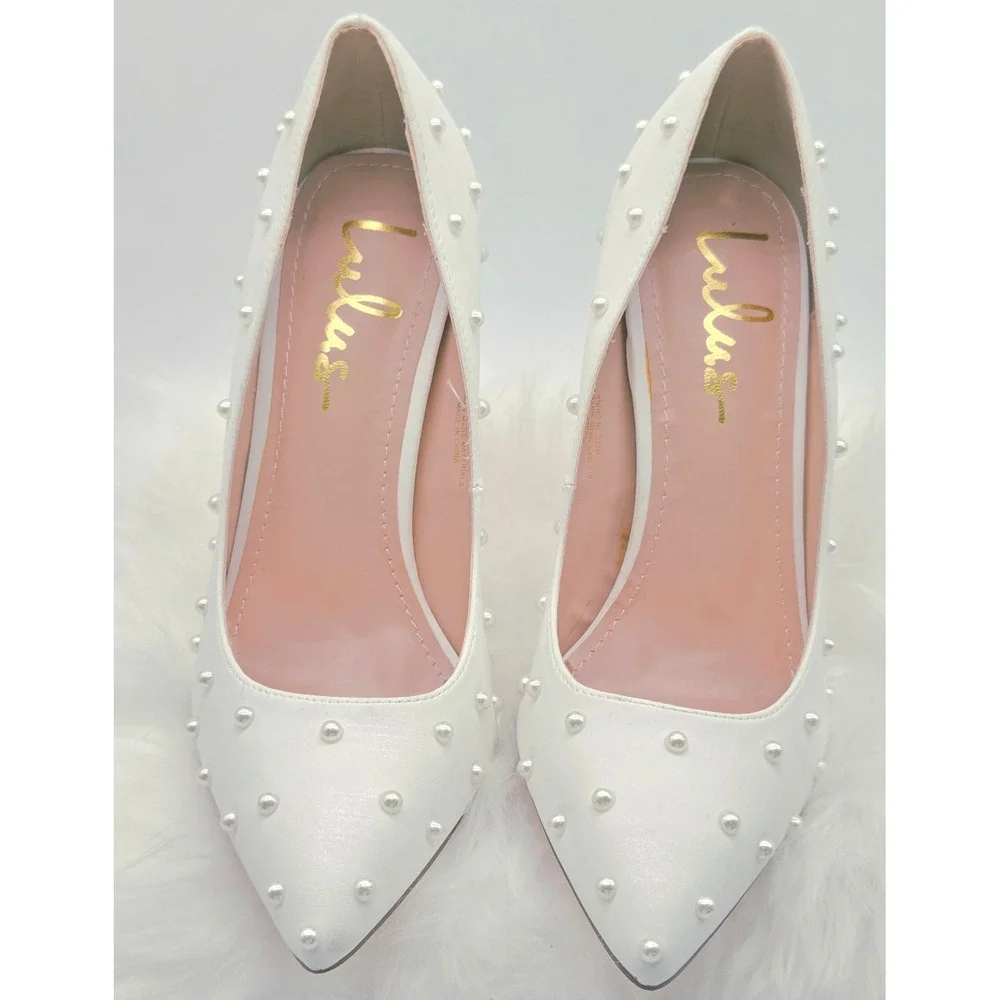Lulus Pearl Pumps Womens 8 White Excellent Pointed Toe Stiletto Feminine Heels